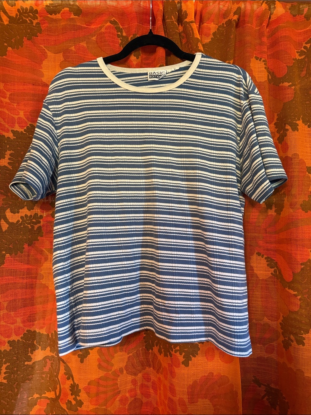Vintage Basic Editions Blue and White Striped Short Sleeve Crewneck Tee